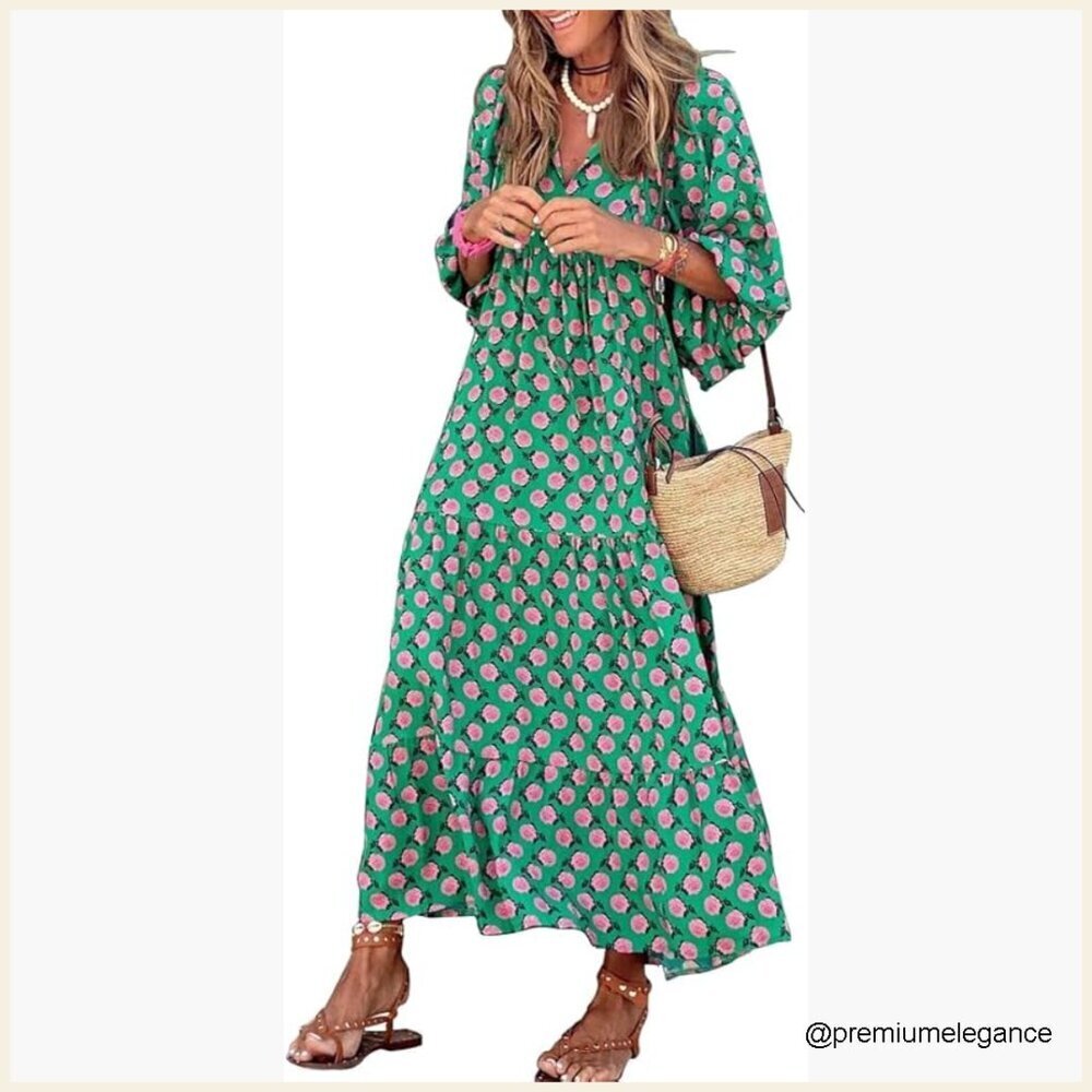 Loose Fit V-Neck Maxi Dress, Bohemian Geometric Pattern, Summer Casual